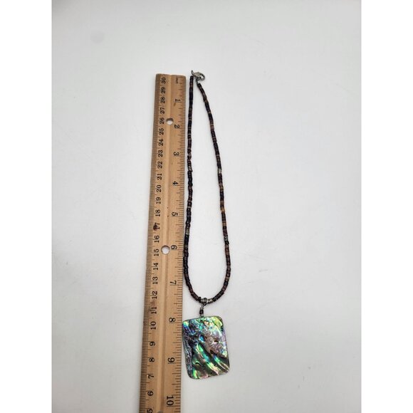 Shell Heishi Beaded Necklace with Rectangle Abalone Pendant 925 Clasp Beachy - Picture 4 of 10